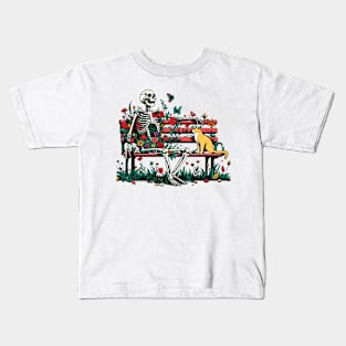 Curious Cat with bench floral bench skeleton Kids T-Shirt